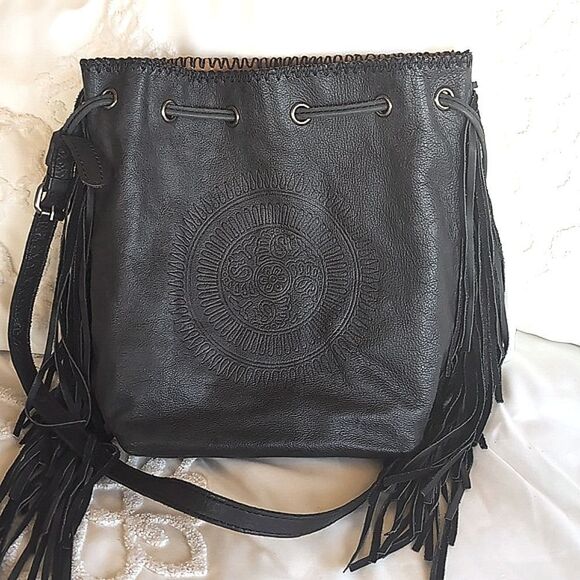 Patricia Nash Nicoletta 🖤 Black Leather Fringe Boho Bucket Bag Crossbody - Picture 11 of 16